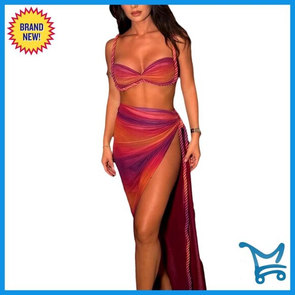 Dresses & Skirts - Two Piece Print Set Maxi Skirt With Slit Sexy Vacation Outfits Polyester Spandex